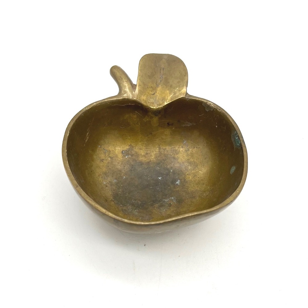 Vintage Solid‎ Brass Apple Ashtray Trinket Dish Mid Century Modern Leaf Stem